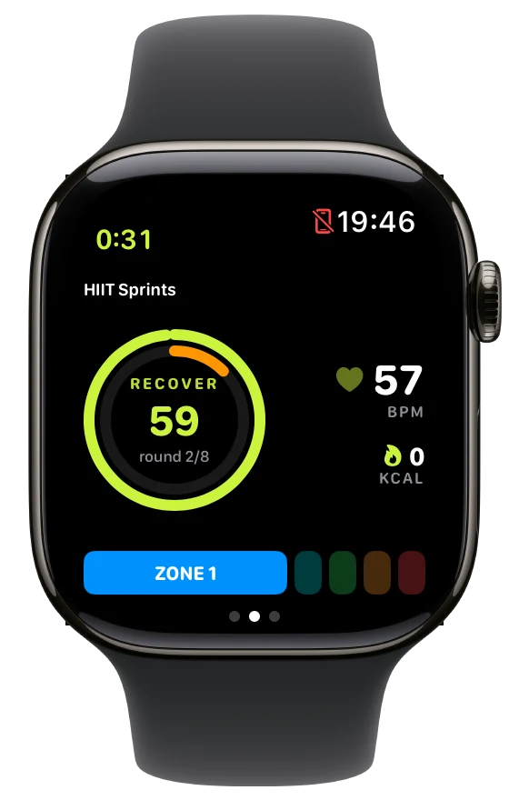 HIIT-Runden aus Belastung und Erholung, mit gesprochenen Ansagen 